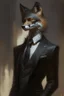 Placeholder: a fox in black suit in the style of Aleksi Briclot, Charlie Bowater, Dean Cornwell, and Pino Daeni