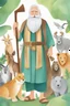 Placeholder: noah, big white beard, sandals, long tunic, hammer in tour hands, Arca de Noé com muitos animais, estilo cartoon, aquarela, pintura digital, 2D, vetor