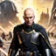 Placeholder: star wars bald male corellian jedi pilot wearing black and gunmetal grey old republic armored robes with gold trim, alone, battle-ready Jedi Master defending a ruined ancient city surrounded by golden light, centered head and shoulders portrait, hyperdetailed, dynamic lighting, hyperdetailed background, 8k resolution, volumetric lighting, light skin, fully symmetric details