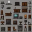 Placeholder: Sprite sheet, furniture, table, chair, television, lamp, toaster, icons, survival game, gray background, ,