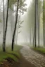 Placeholder: soft fog, with light breaking through, tall white birch trees, and a stone path leading to pavilion