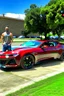 Placeholder: make a pic with bodybuilder Knut Spildrejorde from Norway and his fitness wife Jeanette, they are standing front of his new red car Chevrolet Camaro, very busy highway in sunny Texas in the background