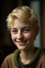 Placeholder: portrait of a 16 year old caucasian woman with really short blond hair, aglae green eyes, smiling