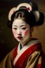 Placeholder: classic 1600s french oil painting of a young Japanese geisha with painted white face and red lipstick, wearing a elaborate red silk kimono