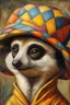 Placeholder: Imagine an anthropomorphic meerkat with a harlequin hat ,by Judith Leyster. in the style of August Macke, John Blanche. Modifiers: oil on canvas vibrant imperial colors hyperrealistic ultra detailed crisp quality whimsical muted colors Decadent 64K, UHD, HDR, HQ anthropomorphic face dark, gloomy, mysterious ©Miwi metallic bronze accents