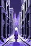 Placeholder: snowy megacity in purple, white, grey, and black perspective of a person from within an alley with arches and towers skyline filled with structures not photorealistic but stylized