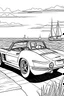 Placeholder: black and white coloring page for kids cartoon style of 1963 corvette convertible set back in front of ocean