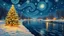 Placeholder: In the style of van gogh starry night,a wide shot angle of a Christmas tree, spreading Christmas joy in an glowing snow,riverside,reflections in the water,mistletoes