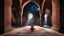 Placeholder: Hyper Realistic Photographic-View of a Man Worshiping-Namaz inside a prehistoric-brick-walled-mosque with pre-historic-carpets & Lalten on walls with moon-light-rays coming from outside Mosque-Window at dark-night showing dramatic & cinematic ambiance.