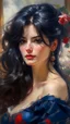 Placeholder: An exquisite and detailed impressionist portrait of a beautiful lady with flowing black hair, capturing the essence of Impressionist painting in the style of Konstantin Razumov and Pierre-Auguste Renoir. The textured paint brings depth and dimension to this realistic and finely detailed portrait, creating a hyper-detailed masterpiece. This piece of fine art, bordering on fantasy and concept art, is a stunning example of hyperrealism, with the lady's beauty, enhanced by the twilight and ethereal