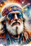 Placeholder: The old hippie, double exposure old hippie's face formed by a band on stage playing a concert, watercolor.