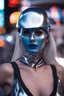 Placeholder: woman with blue skin and a shiny silver helmet covering her face posing on the las vegas strip