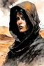 Placeholder: create an ink wash and watercolor, fine art print portrait illustration of a rugged gritty, roughly textured, hooded, black clad and dusty Fremen female mercenary with highly detailed feminine facial features, amidst the billowing desert storms of Arrakis, in the comic book art style of Bill Sienkiewicz, and Jean Giraud Moebius, finely textured, drawn, colored, and inked,