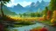 Placeholder: Serene landscape by day with sunlight beams with river running trough mountains, a forest with a lot of vibrant colors, in the style of bob ross, thomas kadinskade and albert bierstadt. Peacefull and calming, intricate details, vibrant.