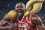 Placeholder: michael jordan wearing a banana mustache, shooting a basketball and crying, photorealistic