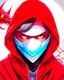 Placeholder: Draw an illustration with a red and white hood and a dragón mask over they eyes