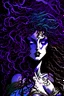 Placeholder: Goddess Deceased is a figure shrouded in mystery, comic book stlye her appearance a blend of dark allure and hidden power. Appearance: Hair: Her curly brown hair cascades in unruly waves, with streaks of vibrant purple highlighting the edges. The curls fall freely around her shoulders, framing her face like a wild, untamed mane. Eyes: Piercing blue eyes hold an enigmatic glint, reflecting depths of knowledge and ancient wisdom. has white pale skin