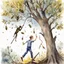 Placeholder: Watercolor and ink illustration, young short man holding a rake high over his head reaching up to a paper wasp nest in the branch of a tree, a few small wasps circling nest, bad idea, artistic, oddball masterpiece, sfumato, complex contrast, dynamic composition