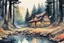 Placeholder: retro anime style, full color, dark serious 1980s anime style, A western cottage in the forest near a river, watercolor, forest,
