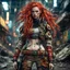 Placeholder: An attractive, woman with long, wavy, red hair wears unique, intricately detailed clothing in Cyberpunk style - extremely detailed, featuring a variety of materials, improvised, made from scraps and garbage, metal parts, hoses, belts, pockets, tools, dirty, rusty, torn, patched, faded, khaki - Wide Shot, hyper-realistic, extremely lifelike photorealism, a very realistic film scene, dystopian, post-apocalyptic environment, bright mood, contrasting light, cinematic.