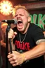 Placeholder: A very angry and bitter punk rocker screaming at microphone, very aggresive image in a club house, his name i FOLKE, and the name FOLKE in background