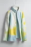 Placeholder: white background, trapeze jacket, mix of cotton and light wool, tempera effect, spots of color between pastel tones of sky blue, pistachio green, bright yellow and ash gray