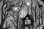 Placeholder:  Wednesday Adams, black and white, tall narrow scary house , pointy roof, cursed trees , dense dark forest, forest background, spiders, bats, bones, Escher style