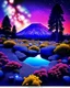 Placeholder: Hyperrealistic, colorful, peaceful landscape, Polaroid photo, night sky filled with galaxies, planets and stars, rocks, trees, flowers, sharp focus, 8k, deep 3d field