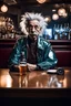 Placeholder: photo of a Albert Einstein dressed Transparent bosozoku outfit sitting at a table in a bar with a bar stools, bottle beer, award winning photography, Elke vogelsang, bosozoku outfit, award winner photo