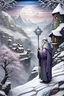 Placeholder: 3D embossed textured ethereal image; bleak, dismal style, winter hues, white, ice-blue, purple, peach, pink, silver, grey; hermit with a highly detailed, wizened old face and an ornate staff stands on a steep, snowy cliff gazing across a cold valley at a faraway village; stained glass, agate with silver foil highlights, snowflakes, sparkles, full moon, nebula sky, stars, pearls, skulls, sequins, cut gemstones, beads, glitter, crystals, smooth, extreme attention to detail