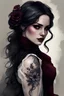 Placeholder: watercolor gothic girl of the Victorian era, white skin, beautiful wavy long black hair, burgundy Victorian dress with an open back, tattoos on the back, Trending on Artstation, {creative commons}, fanart, AIart, {Woolitize}, by Charlie Bowater, Illustration, Color Grading, Filmic, Nikon D750, Brenizer Method, Side-View, Perspective, Depth of Field, Field of View, F/2.8, Lens Flare, Tonal Colors, 8K, Full-HD, ProPhoto RGB, Perfectionism, Rim Lighting, Natural Lighting, Soft Lighting, Accent Ligh