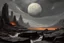 Placeholder: Dark grey sky, planet in the sky, rocks, sci-fi, mountains, ludwig dettman and rodolphe wytsman impressionism paintings
