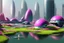 Placeholder: Futuristic city, people, pond, flowers, sci-fi