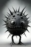 Placeholder: Solid spherical creature, four black eyes, very small smiling mouth, lighting body, The creature is gray iron, without dots, without thorns, wearing worrier shoes, full body, smoke from the head, high details, stunning realistic photograph