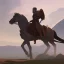 Placeholder: medieval knight traveling on a horse surrounded by mountains