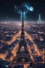 Placeholder: Paris Lisbon mashup city in cyberpunk style, portuguese tiles, azulejo, dark mode, celestial galaxy, inspires wonder and awe, moody