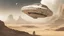 Placeholder: A small, long, sleek Spacecraft landing in a ruined alien city, clear sky, small white clouds