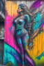 Placeholder: graffiti art on the back side of an abandoned building portraying a female super model posing confidently, 8k, highly detailed, centered, epic composition, graffiti art, splash art, street art, spray paint, oil gouache melting, acrylic, high contrast, colorful polychromatic, ultra detailed, ultra quality, CGSociety