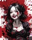 Placeholder: Petit girl goth smiling, lying pose, fullbody, behind blood guts rising from the ground, illustration by <Yoji Shinkawa>, behind paint splashes darkred tones,