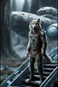 Placeholder: front an anthropomorphic big hairy wolf-man standing on spaceship's ramp on alien land and looking at the camera, around big white-blue fog and the spaceship's ruins . His gaze is directed towards the rain-soaked landscape, which is filled with towering trees with massive trunks. In background back him the spaceship and big fog. The atmosphere is a seamless blend of sci-fi and dark fantasy mood