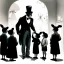 Placeholder: A magician stands in front of a group of children who sit in front of him on a mat on the floor and pulls out a rabbit from a top hat, the children look open-mouthed and wide-eyed and clap their hands, in the background a parrot stands on a pole and observes what is happening