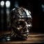 Placeholder: half destroyed robot head lying on a wooden surface, silver face parts, rgb lights rugged face, strings and metal pieces sticking, inner machinery look, oil leak, cinematic macro shot,