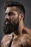 Placeholder: half figure shot photography of a burly ugly 30 year old italian boxer with big broken nose, very long muslim black beard, muscular beefy man shirtless, manly chest, big shoulders, short hair, bulge, photorealistic