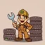 Placeholder: retro cartoon company mascot of a vehicle mechanic with a hint of forest ranger, holding a torque-wrench and next to a stack of tires