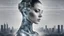 Placeholder: Double Exposure collage portrait of android-human transparent woman face with microchip pattern, cyberpunk, higtech city, skyline, silver sky background, cold, silver, grey, dark colors, futuristic mood, utopistic, high detailed