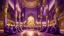 Placeholder: Hyper Realistic Photographic-View of lots of Muslim-Men praying inside a Massively-Huge-Beautifully-Crafted-Purple-&-Golden Wall-Mosque with detailed-pillars & Garland-Light-Decorations-&-Lamps with dramatic-&-Cinematic-Ambiance at night.