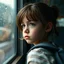 Placeholder: subtle emotion, close up of a contemplative little girl wearing a backpack on a school bus with a glum look on her face staring out a rain-streaked window, reflective