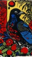 Placeholder: A contemporary serigraphy by Matisse and miyazaki of a human-like crow with a punk leather jacket within a Christmas atmosphere.