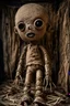 Placeholder: creepy sad burlap doll, body made of dirty, holey burlap, burlap has a big head, one eye is hanging by a thread and there are stitches on the body and head. very thin with two arms and two legs, sitting in the corner of his dirty room in a dilapidated house, dimly lit, detailed, thriller, creepy stunning