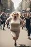 Placeholder: an obese terrified blonde woman running away from an angry mob